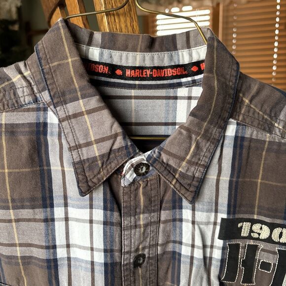 Harley Davidson Shirt Button Up Short Sleeve Brown Mechanic Biker Men's XL - Picture 4 of 8